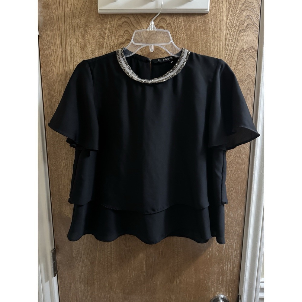 Zara Double Layer Black Blouse Short Sleeve Embellished Collar Preppy Sheer Sz S